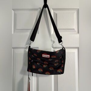 BNWT HUNTER ORIGINAL PACKABLE CROSSBODY BAG BLACK WITH MINI RAINBOW PRINT